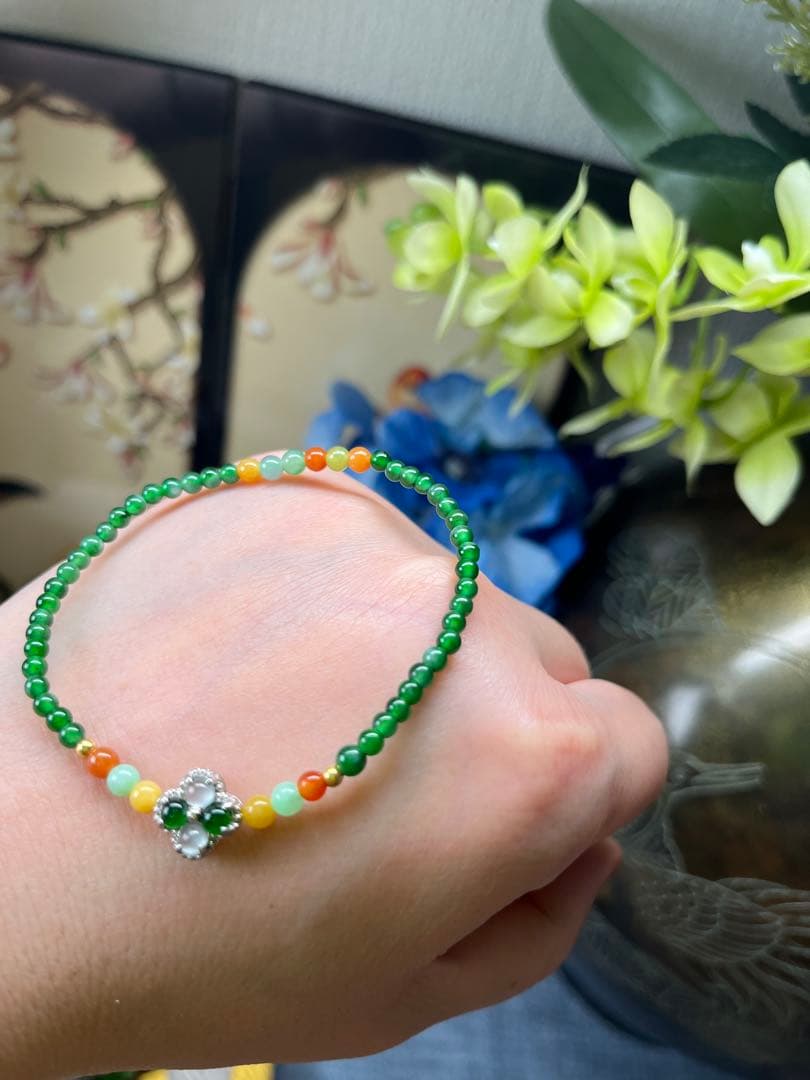 新入荷❣️貴重‼️18kビーズ入り、ロウカン質氷種満陽緑ビーズ&【幸運】四葉草ブレス