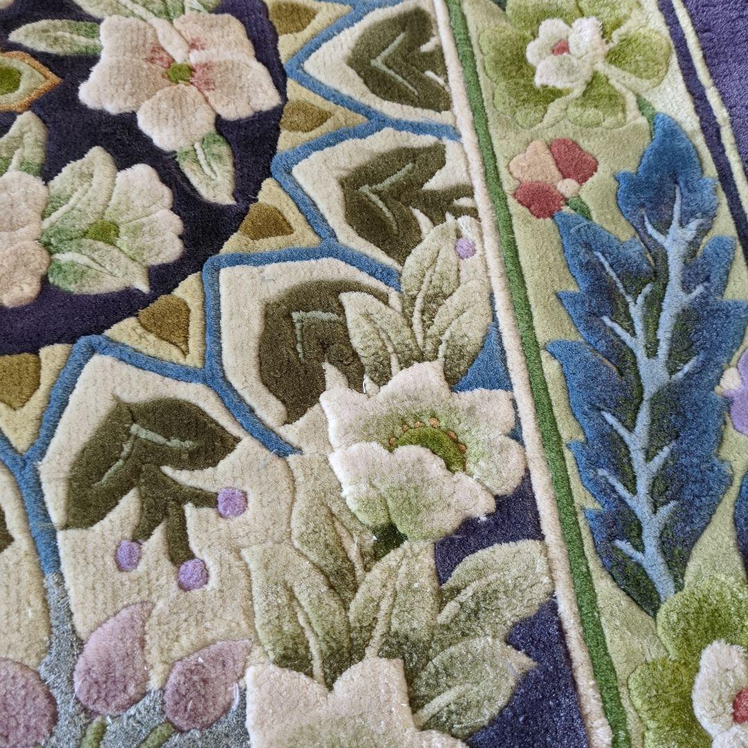 玄関マット　花柄刺繍ネイビーブルー　ラグ