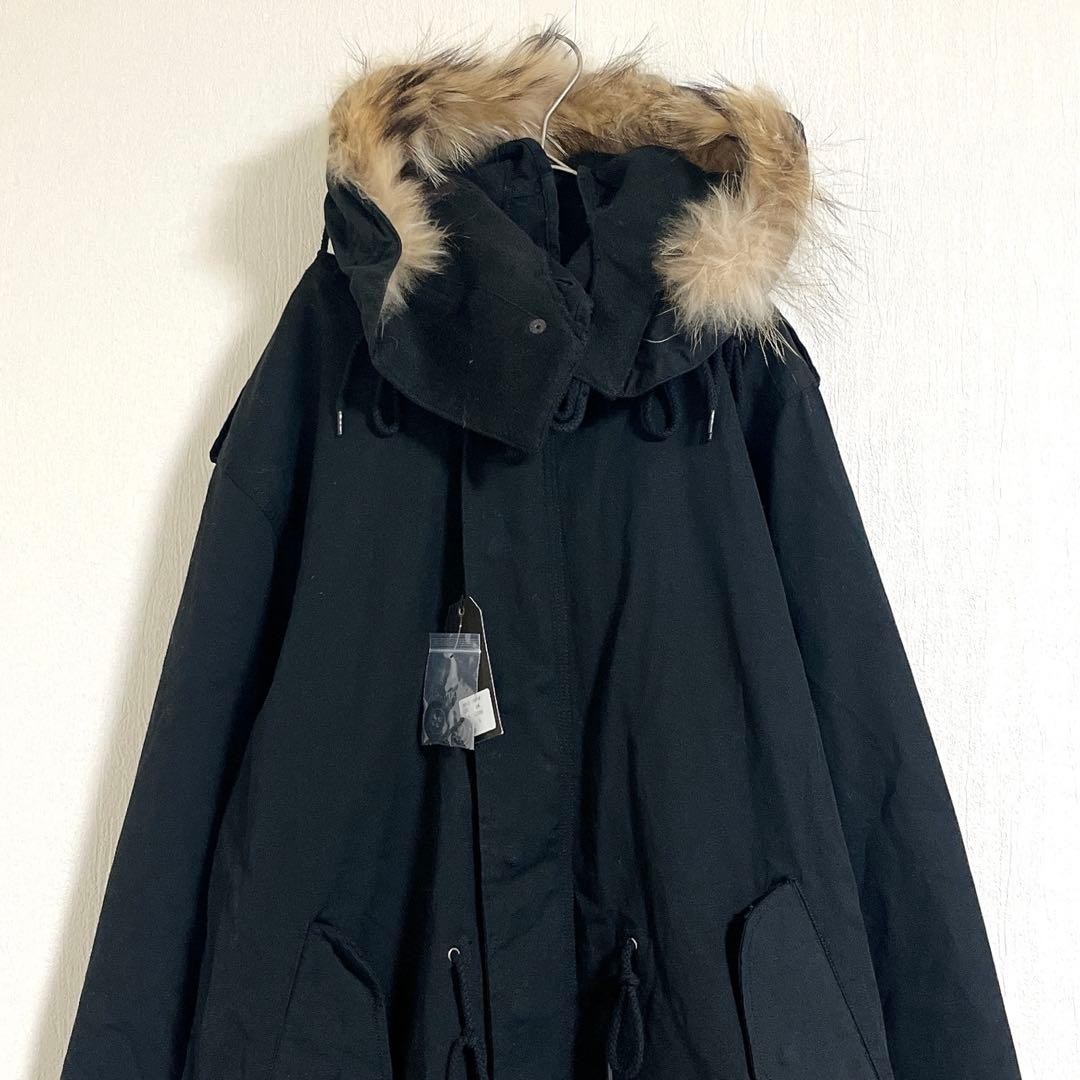 【未使用】ヒューストン　ブラック　モッズコート　ファー付きフード　L ロング丈