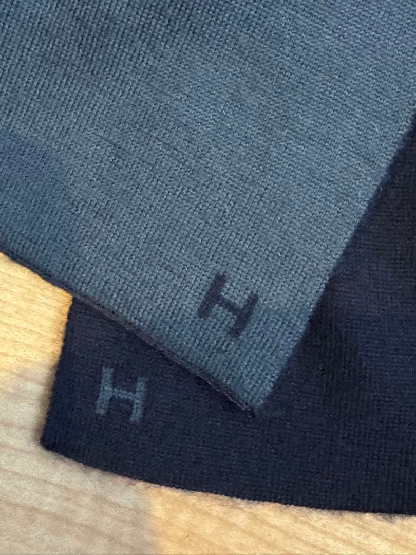 美品 HERMES エルメス Hロゴ マフラー リバーシブル ネイビー