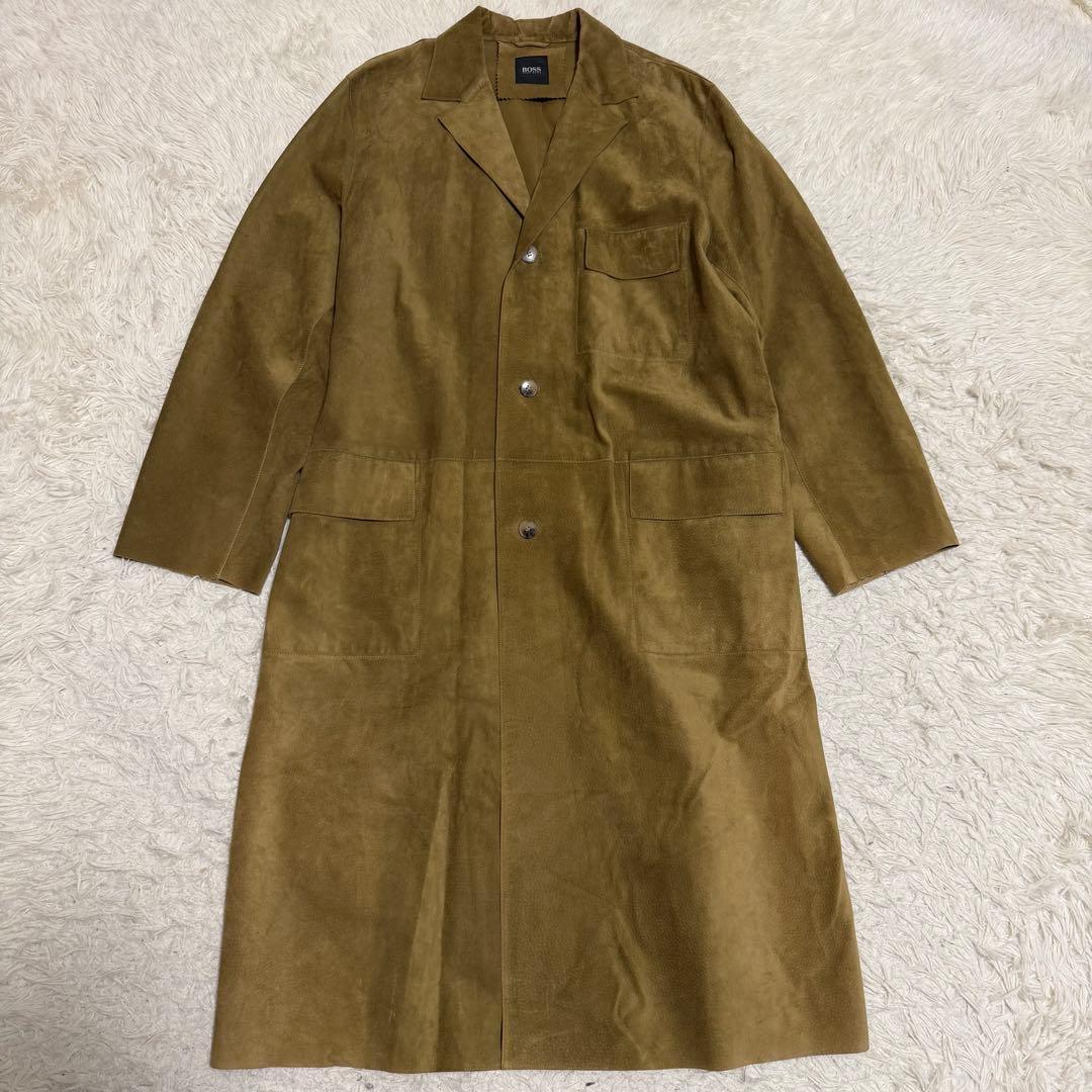 希少美品XLサイズ相当　ヒューゴボス　レザーチェスターコート　マキシ丈　ベージュ