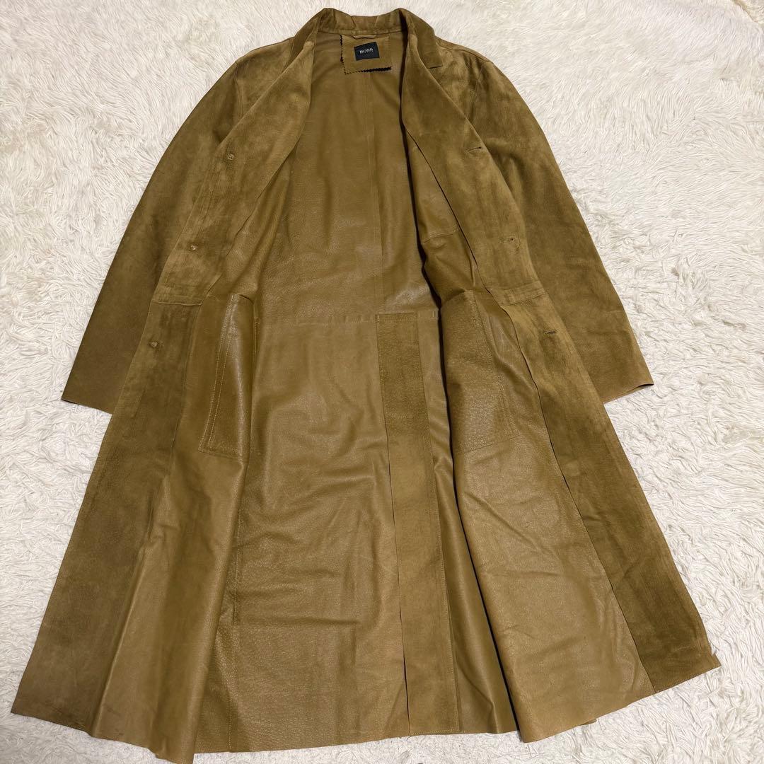希少美品XLサイズ相当　ヒューゴボス　レザーチェスターコート　マキシ丈　ベージュ