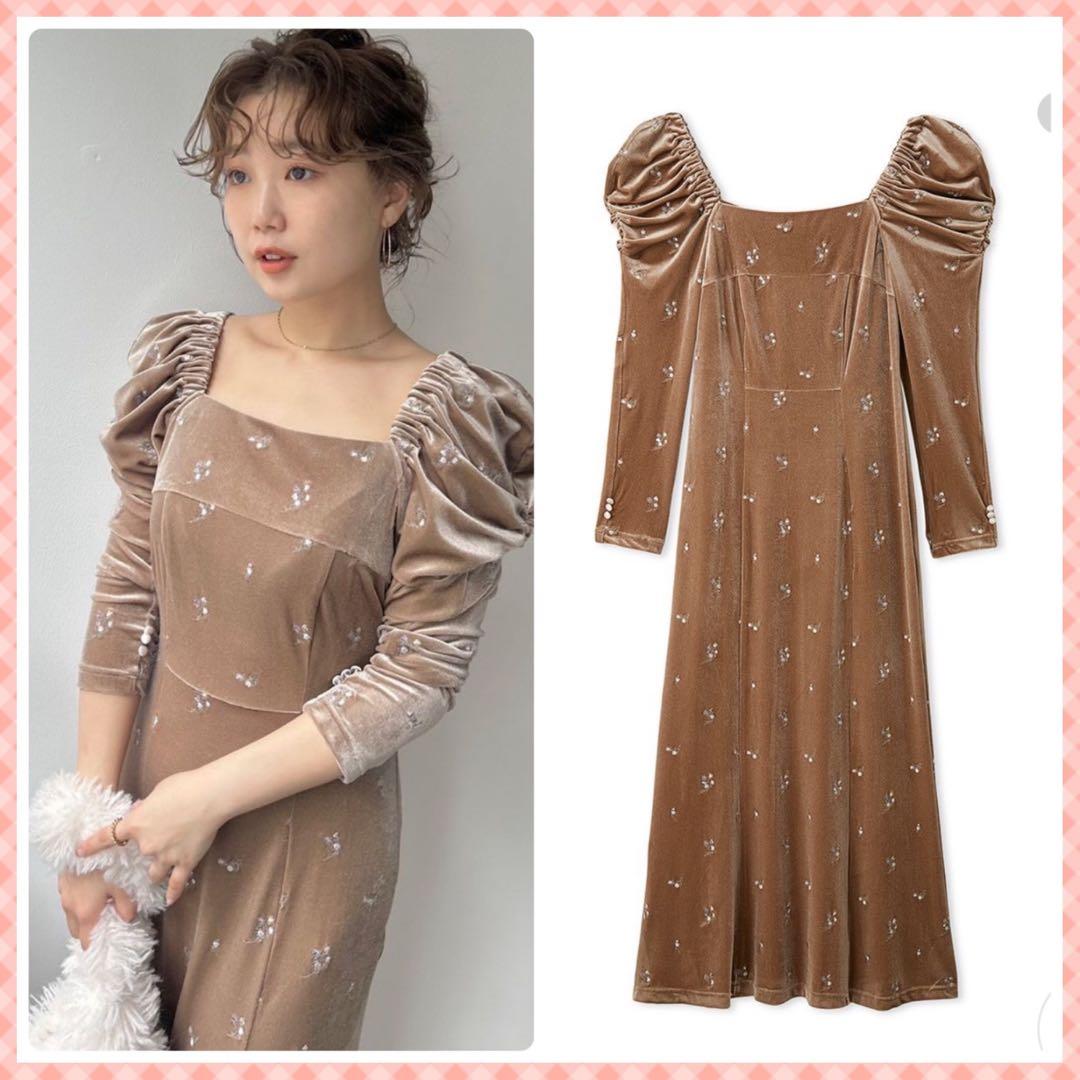 定価♥️フラワーエンブロイダリースクエアネックベロアワンピース