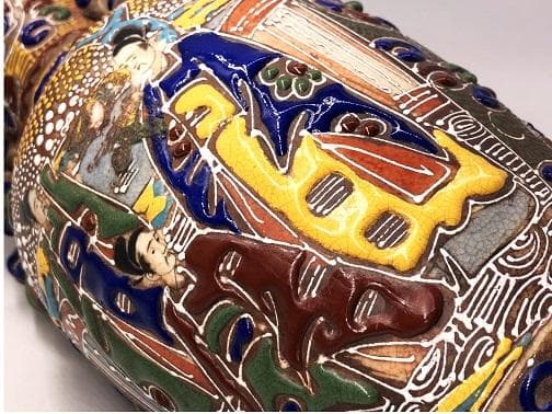 薩摩焼 粉彩貴人図双耳花生 】 高31．5cm 明治初期