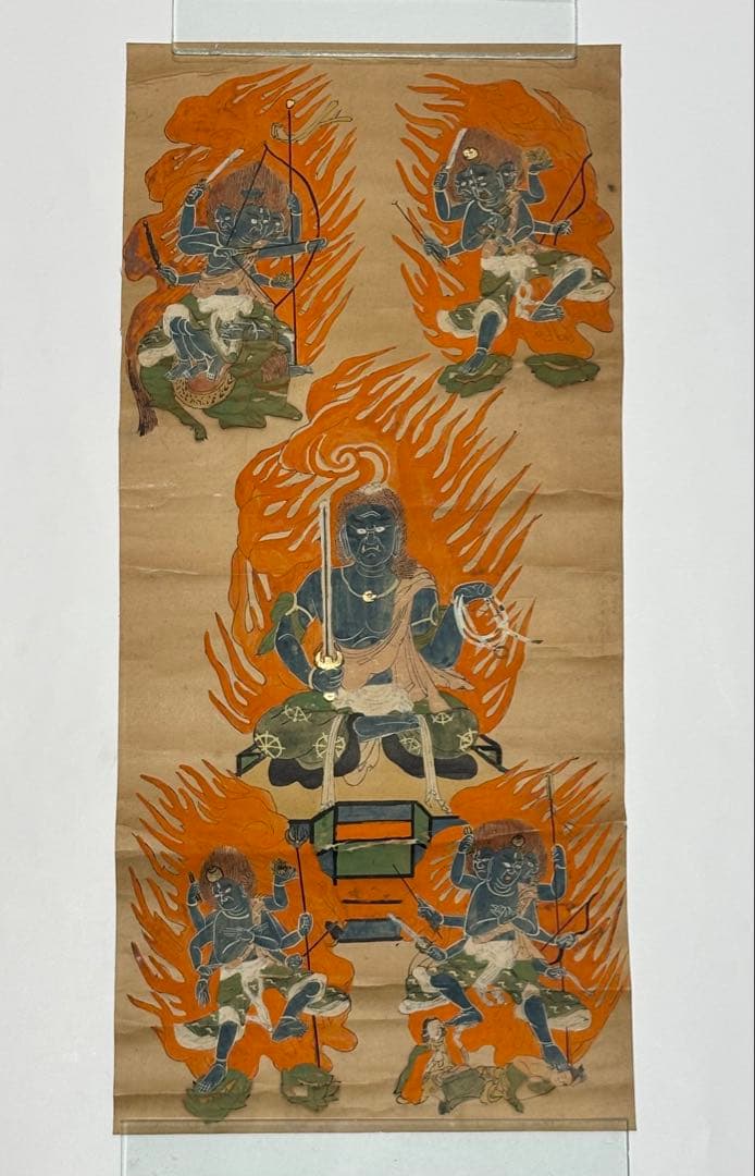 五大明王像図」彩色木版刷り 1枚|不動明王 仏教美術 仏像 真言宗