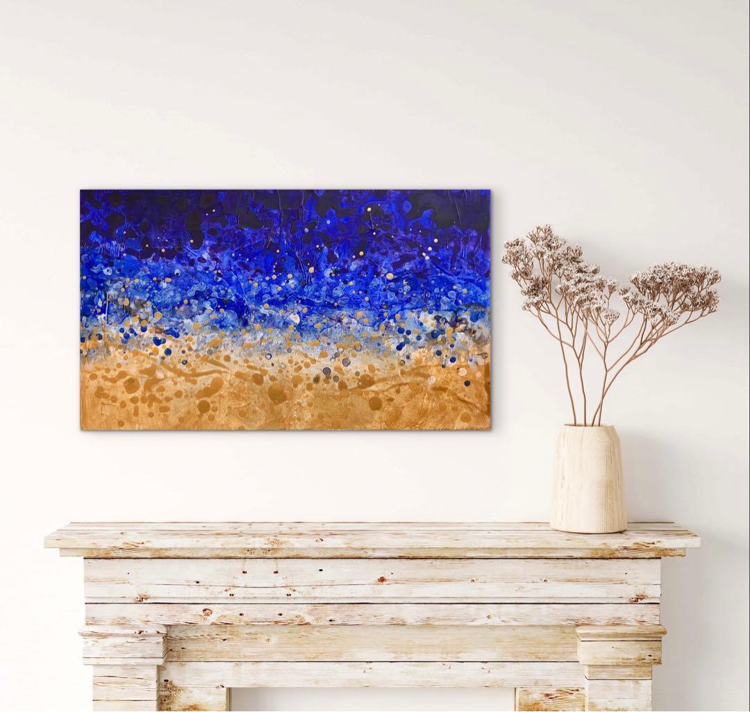 インテリアモダン抽象画＊現代アート 絵画　原画　ゴールド　青　大きめ
