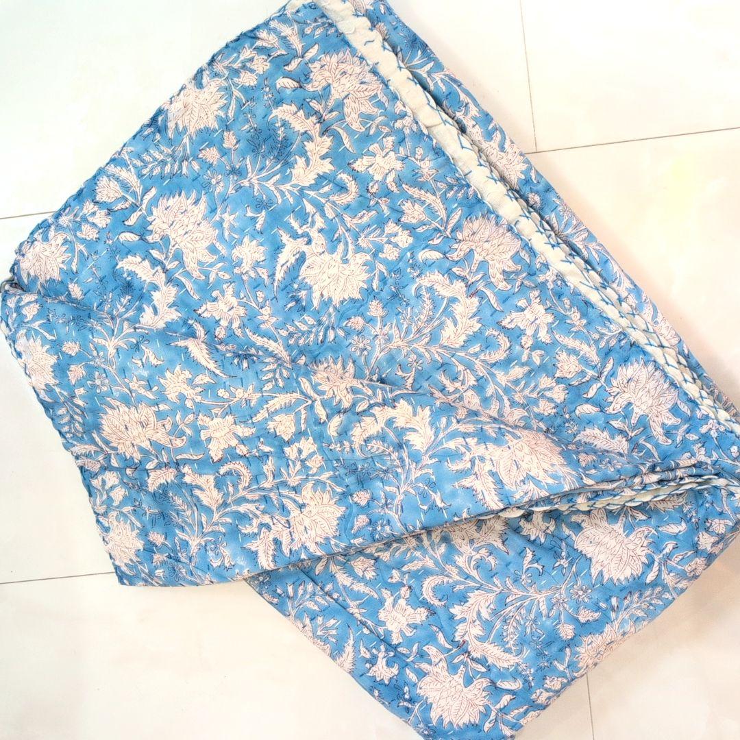 L】花柄 ハンドブロックプリント カンタキルト ソファカバー ブルー 760