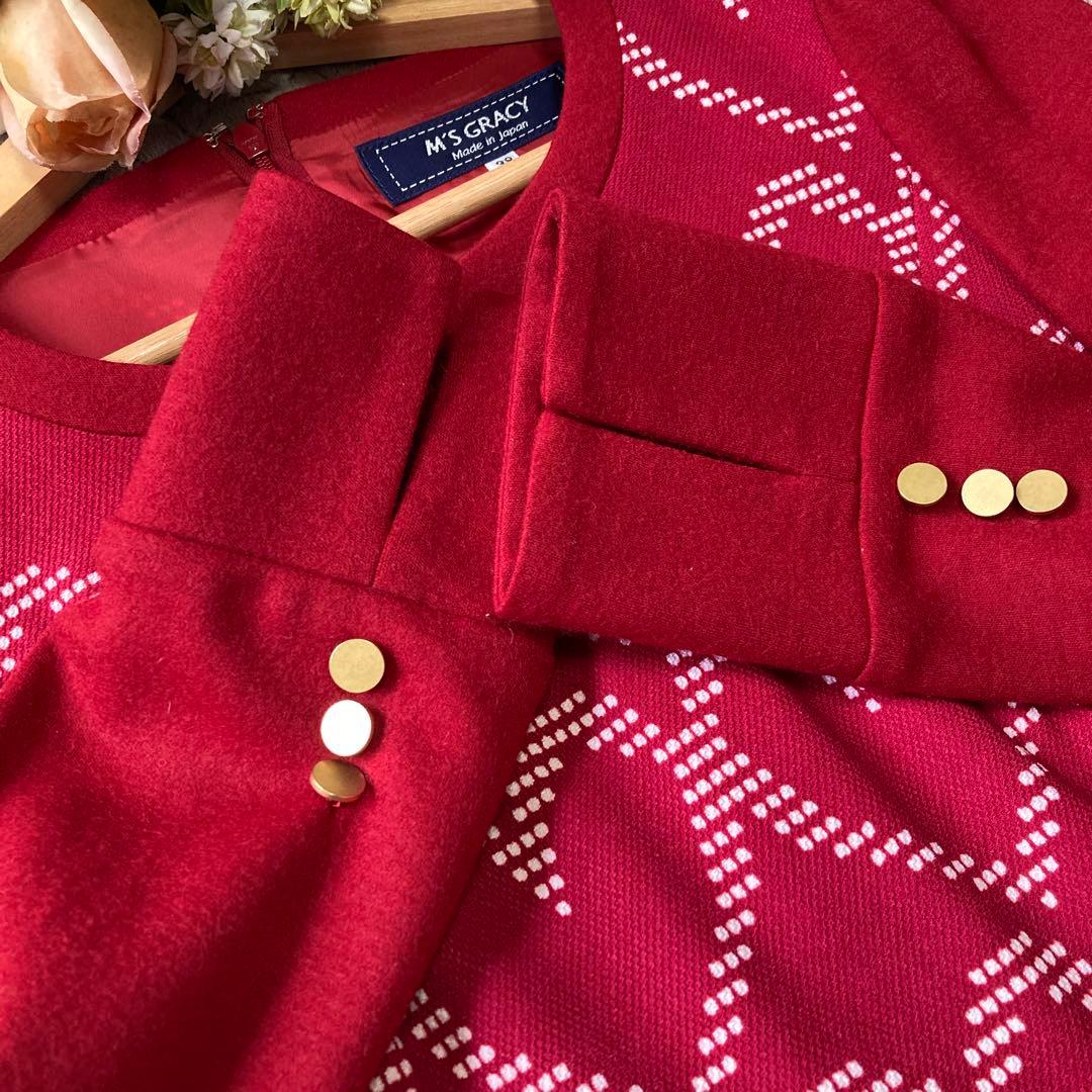 【美品】ハートモチーフニットワンピース　ニット　ウール　38 レッド