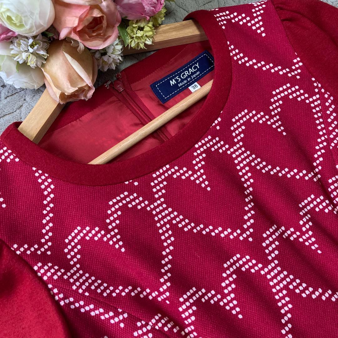 【美品】ハートモチーフニットワンピース　ニット　ウール　38 レッド