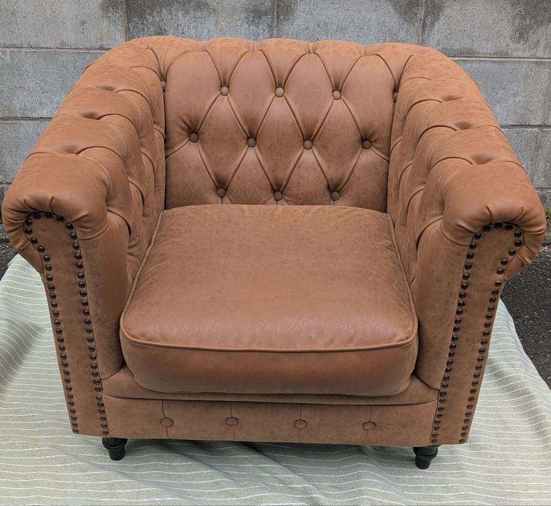 VINCENT PUレザーコンパクトチェスターフィールドシングルソファ　① ネイビーブルーPUレザーコンパクトチェスターフィールドシングルソファ