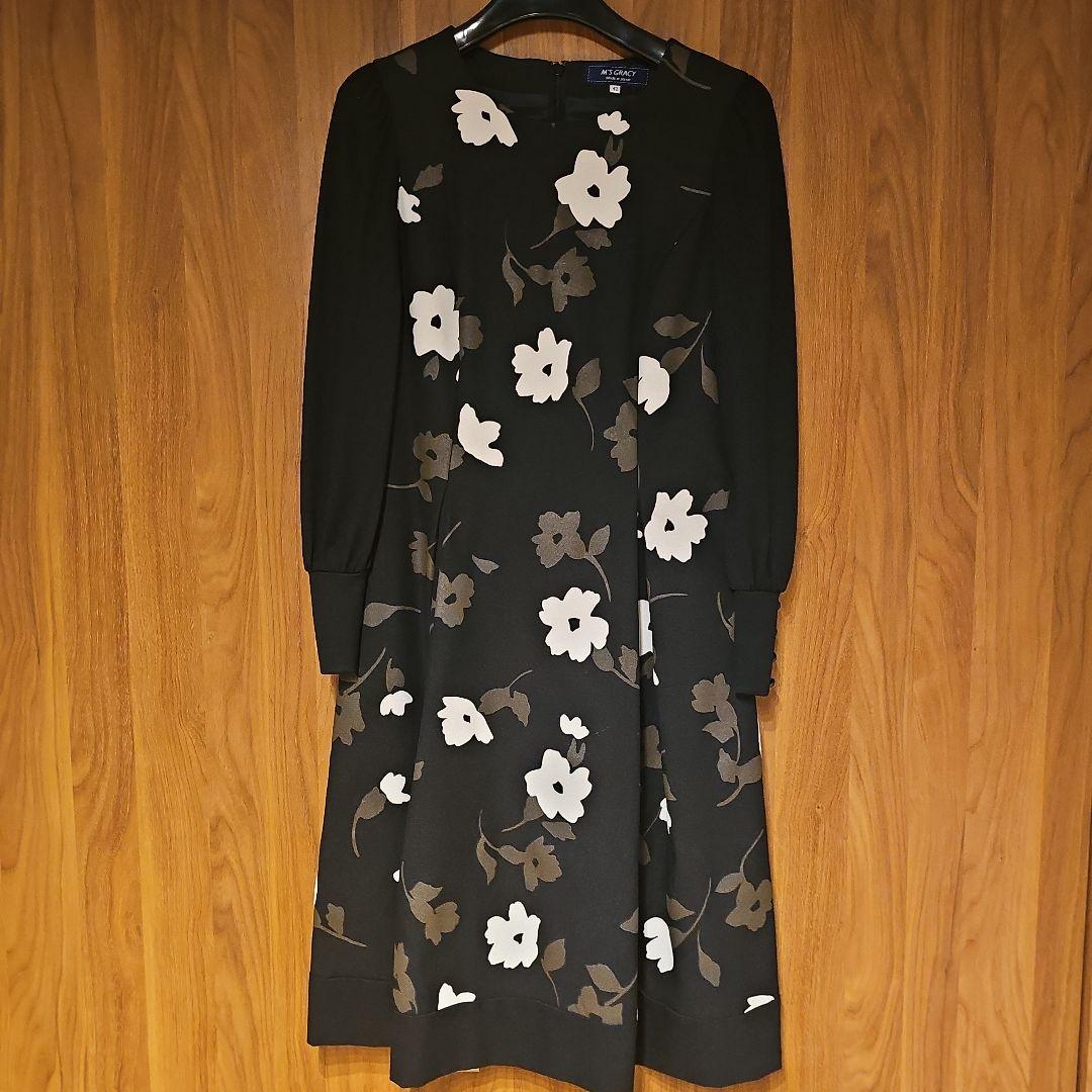 花柄長袖ひざ丈ワンピース 42サイズ