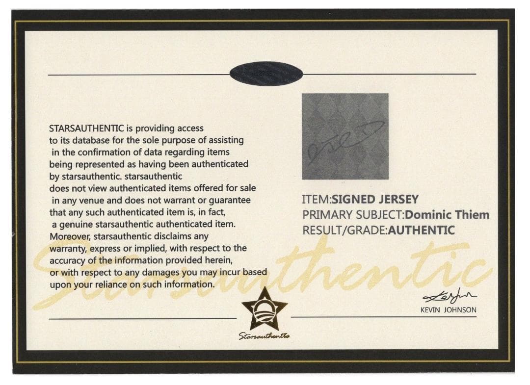 直筆サイン入りユニフォーム ドミニク・ティエム プロテニス選手SA鑑定済