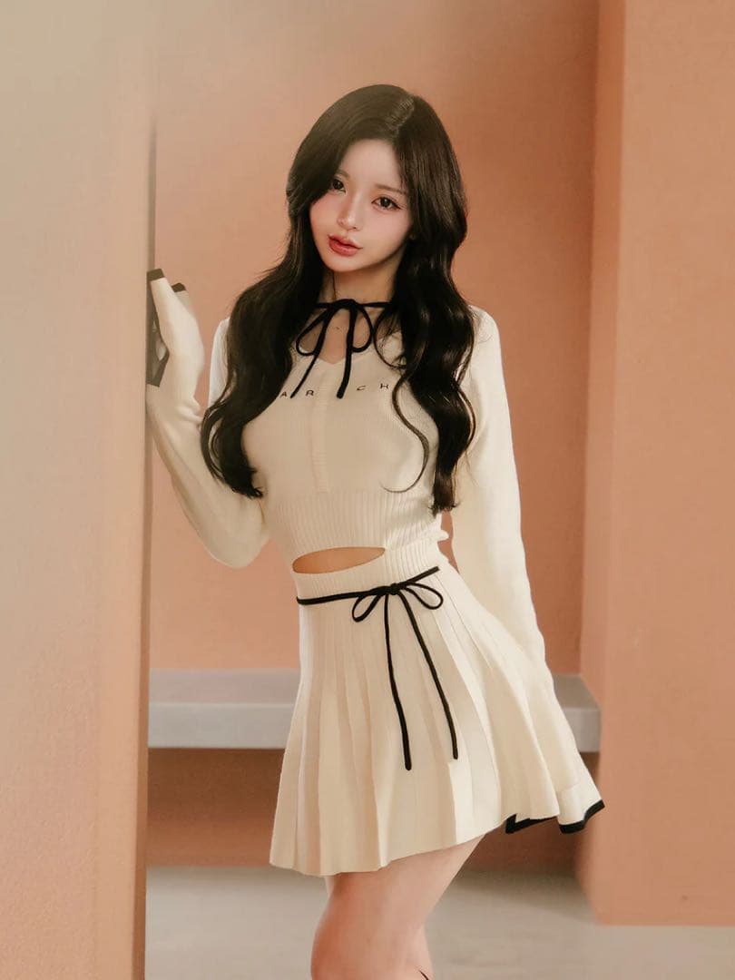 ダーリッチ Darich ウエストオープンリボンデザインニットミニワンピース 白