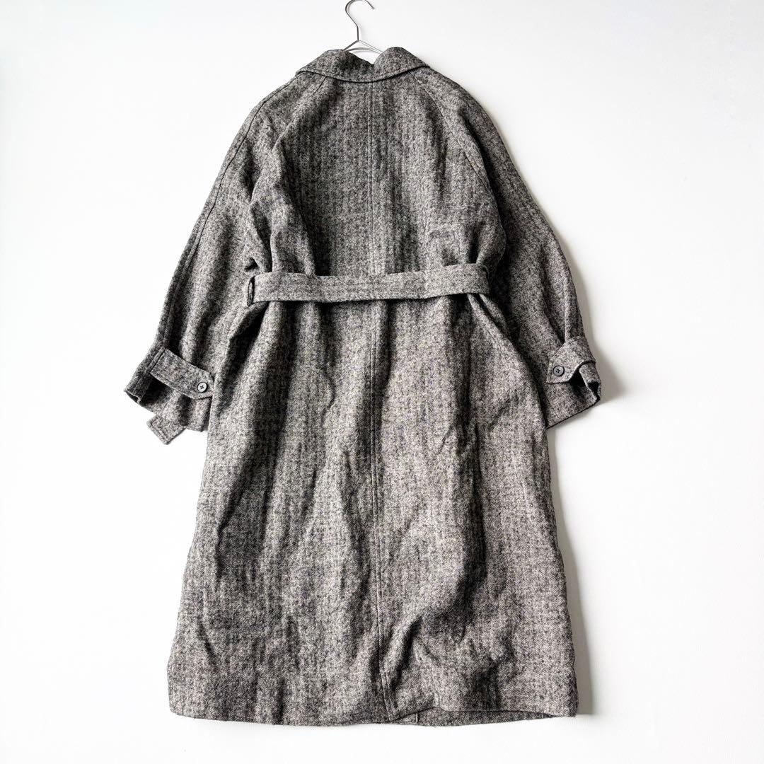 2950y美品　かぐれ　ヘリンボーンロングウールリネンコート グレー