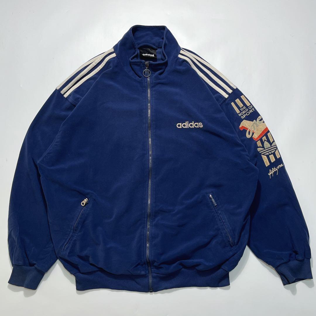 90s アディダス ベロア トラックジャケット L 紺 フロッキー 7639