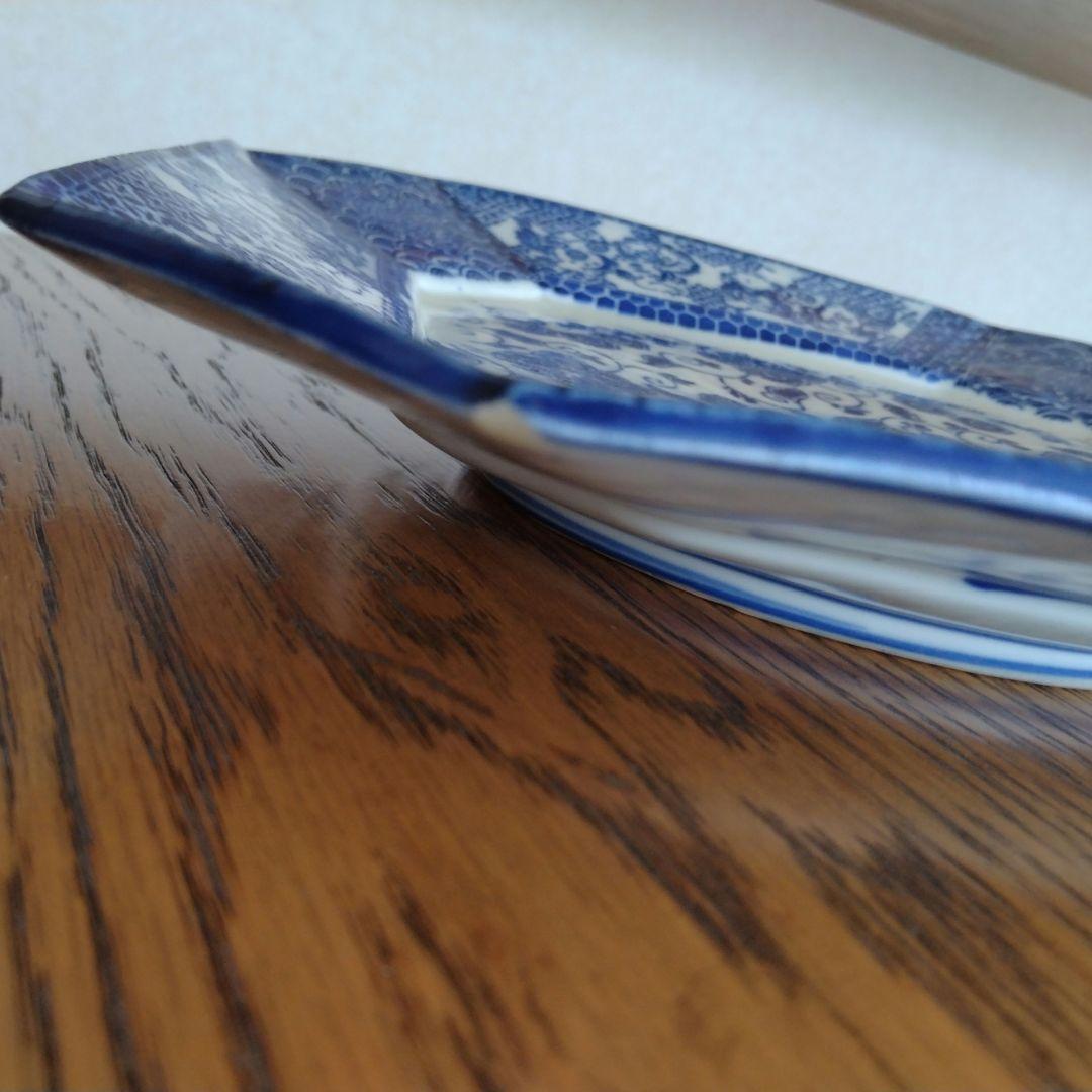 印判 隅切り 八角大皿 野兎と獅子 骨董 アンティーク