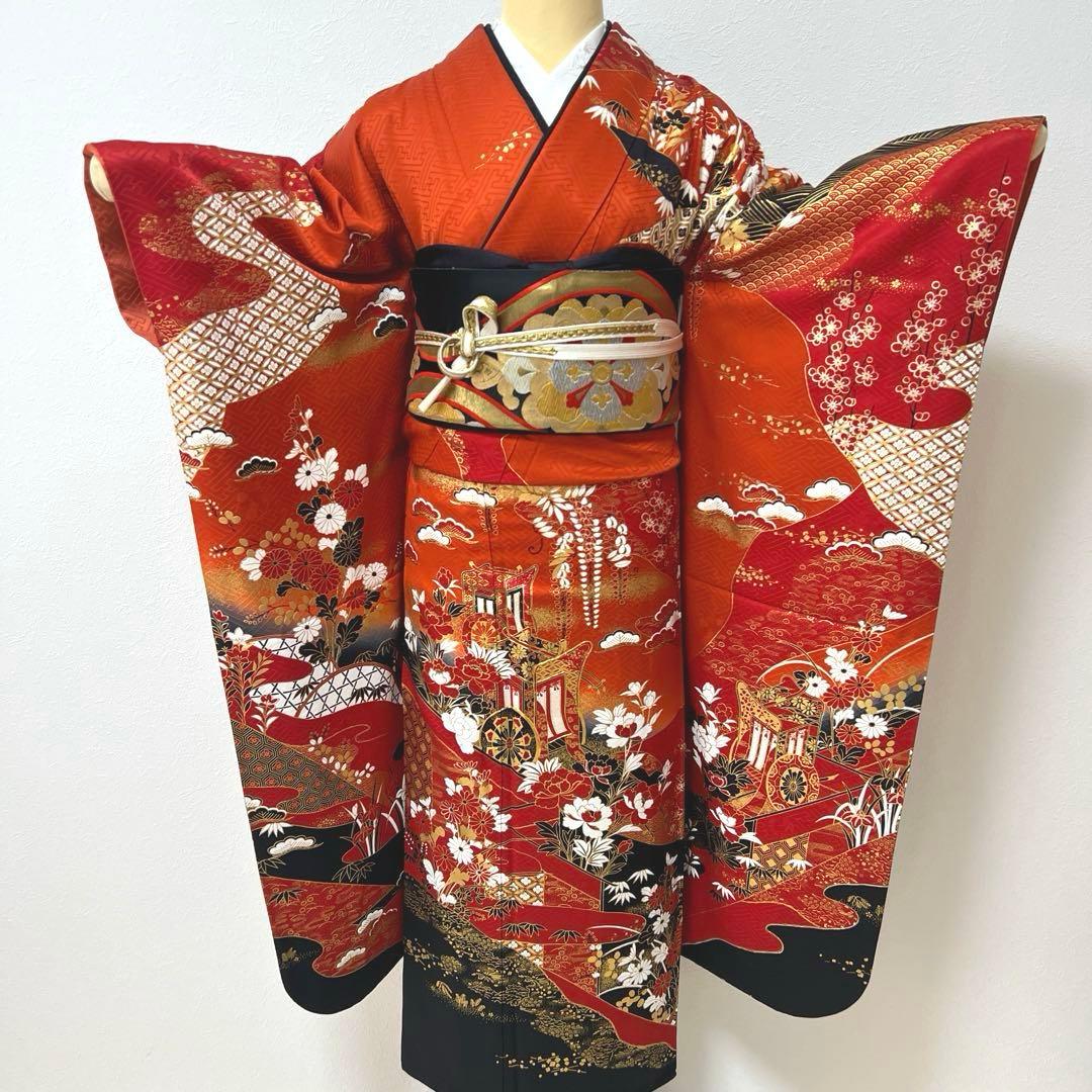 353 振袖フルセット 正絹 レッド 朱赤 赤 黒 金彩 駒刺繍 暈し染め 古典