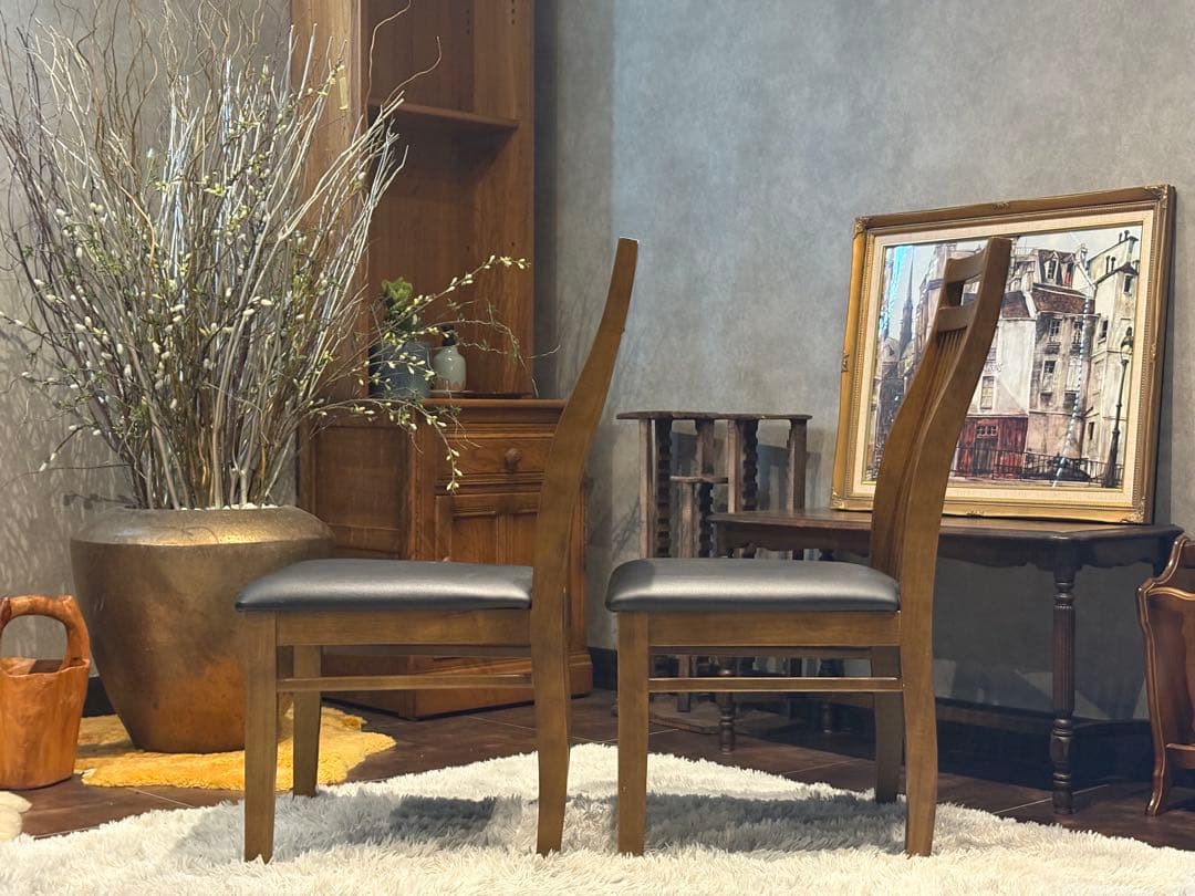 IDC 大塚家具 ダイニング リビングチェア ブラックレザー ビンテージ H