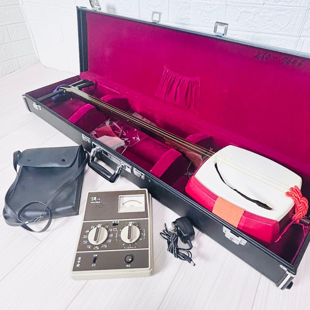 高級紅木　三味線　長唄　細棹　東さわり　和楽器　調律器付き　破れ有り　現状