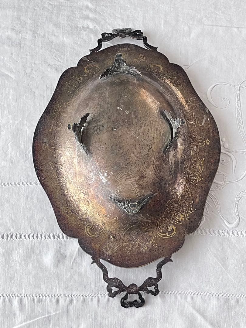 【美品】フランスアンティーク リボンモチーフ シルバー 大きなトレー[3675]