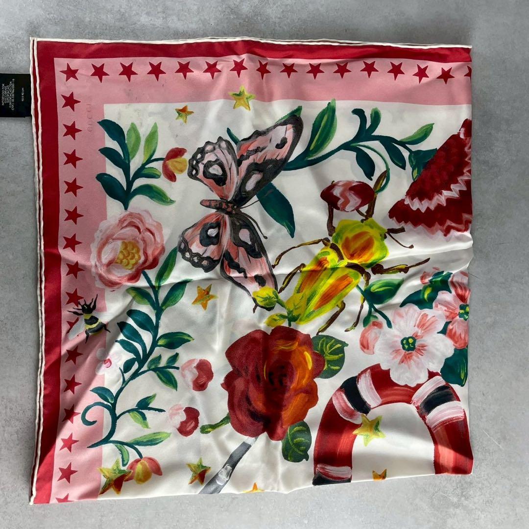 【美品✨希少】グッチ 大判シルクスカーフ スネーク フローラ バタフライ 鑑定済