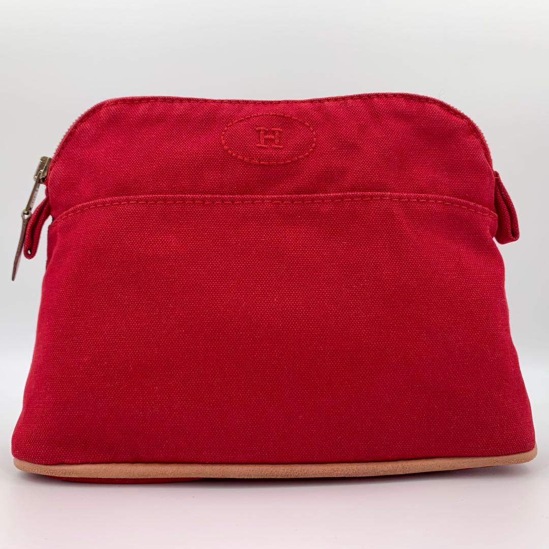 HERMES エルメス ボリードポーチ バニティ Hロゴ 刺繍 キャンバス 赤