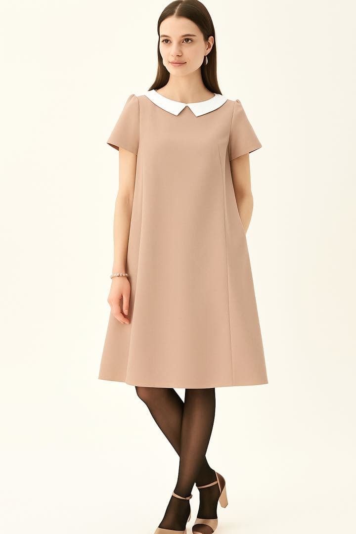 未使用級✨'24年 フォクシー 白襟Aラインドレス アカペラ ベージュ 40