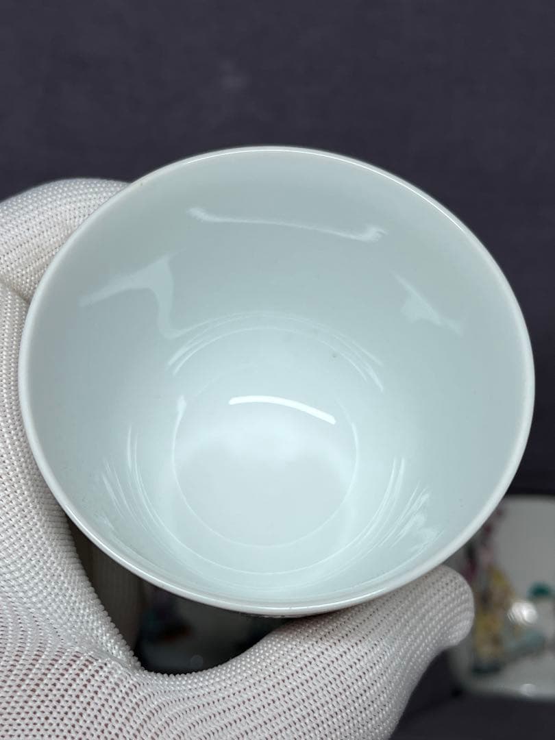 中国古美術 古磁 玩玉在銘 湯呑み 6点セット 手描き 細工粉彩 茶道具 箱付き