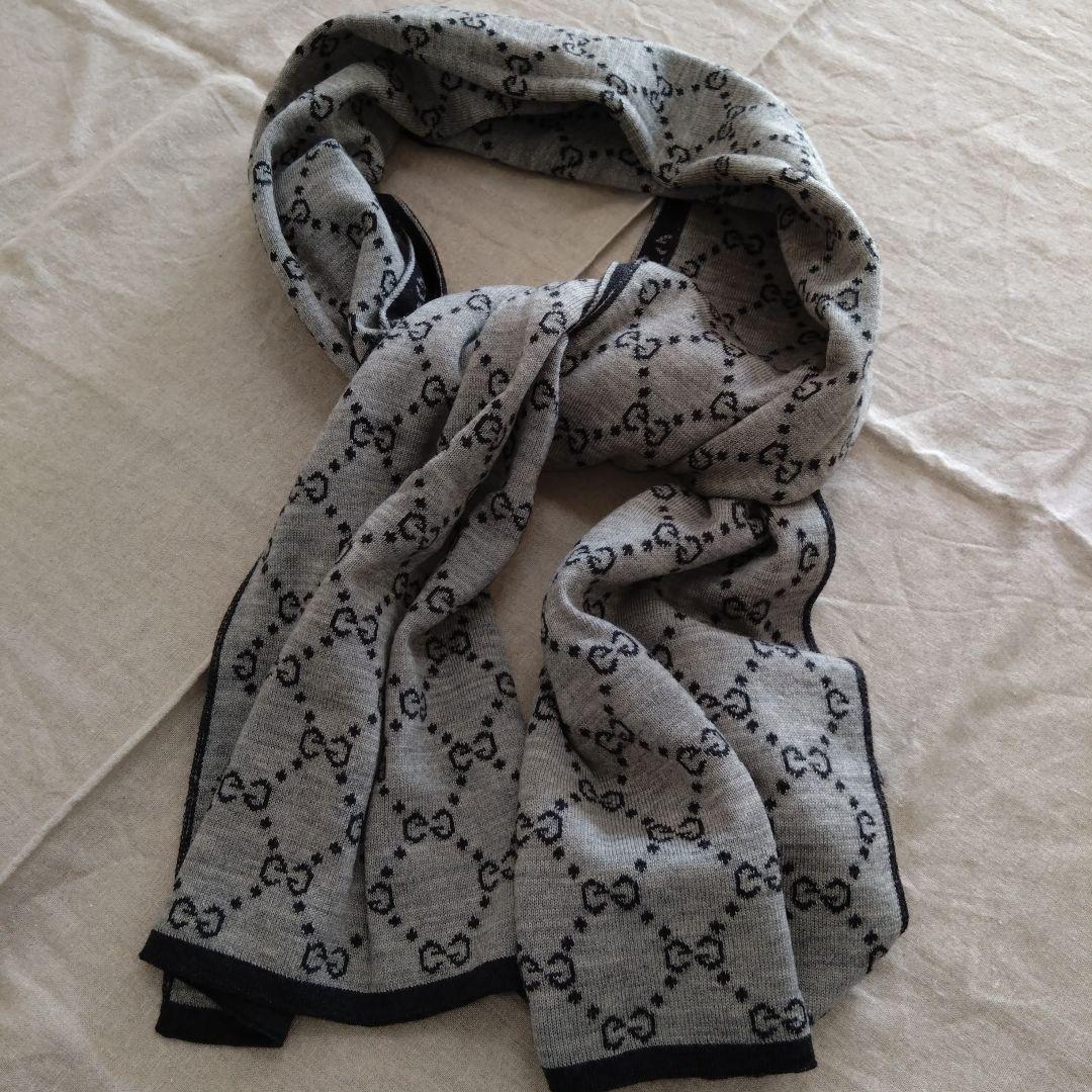 GUCCI ブラック GGパターン マフラー①　ウール100%