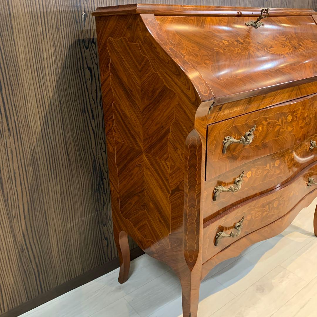 高級アンティーク　ライティングビューロー　チェスト　鍵付き　象嵌　猫脚　イタリア