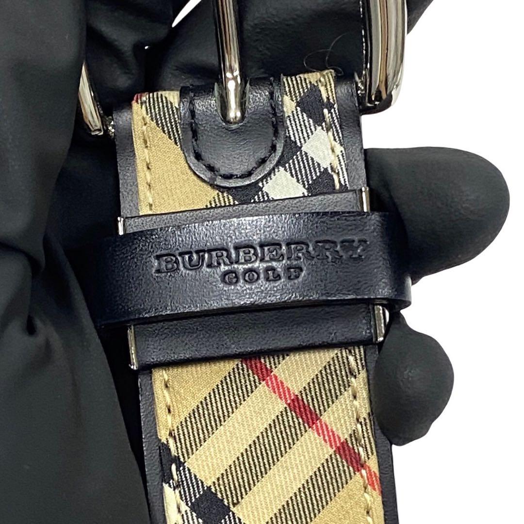 極 美品 バーバリー ノバチェック ロゴ レザー ベルト ブラウン ベージュ