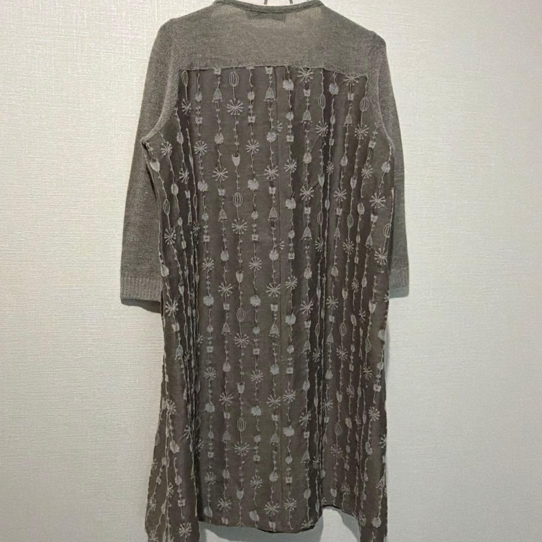M.&KYOTO グレー刺繍ひざ丈ワンピース　麻　アルパカ混