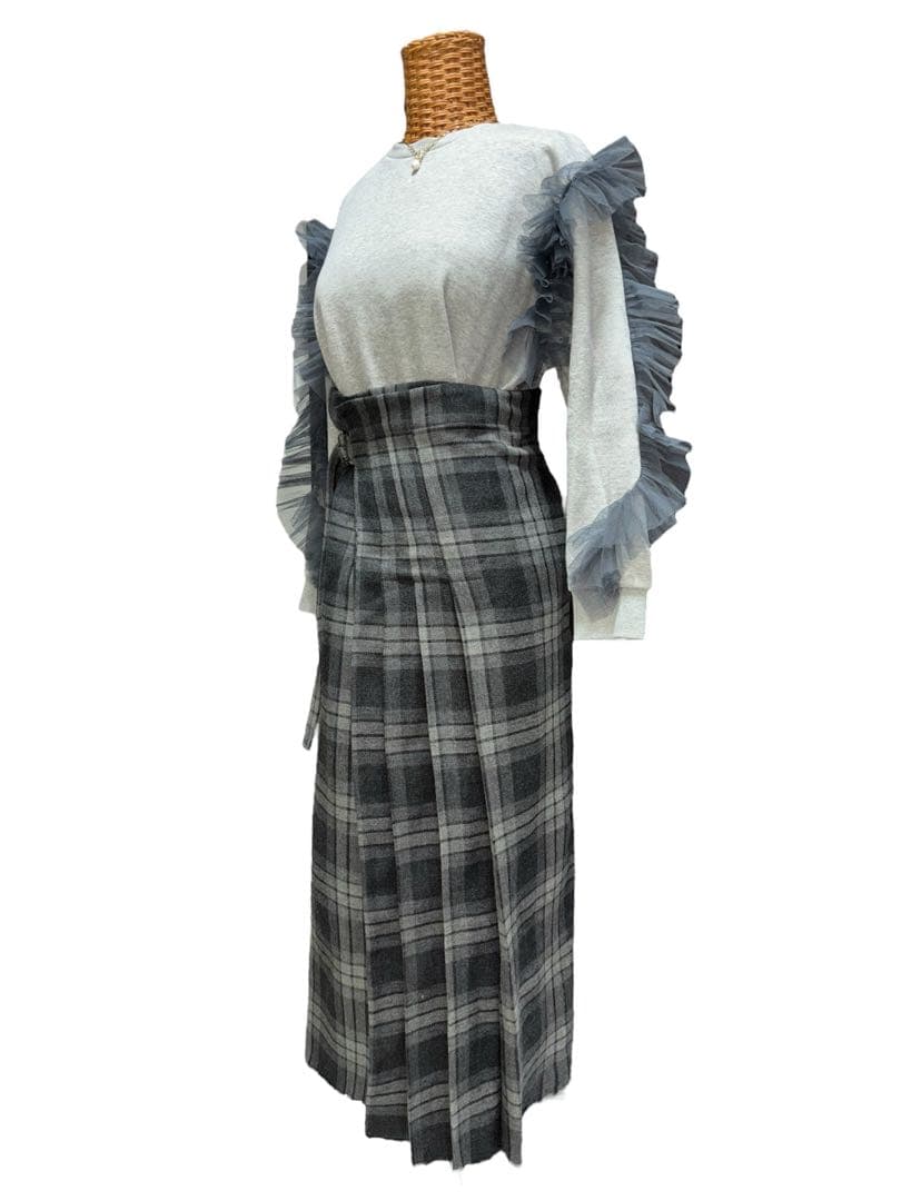 ◎ワイズY's タータンチェックキルトラップスカート 濃淡グレー3