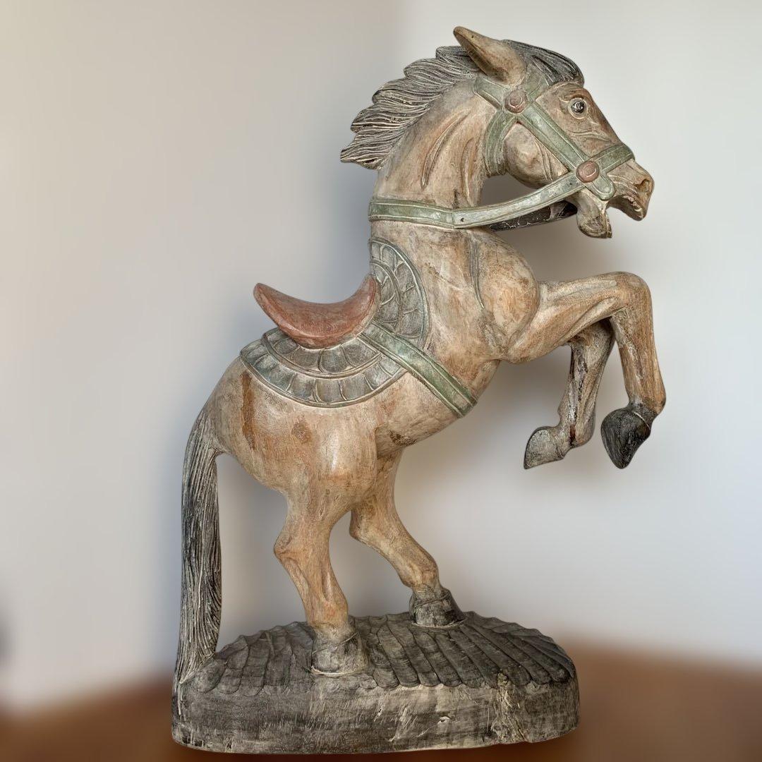 木製馬の彫刻 立ち上がりデザイン 高さ 約64cm シャビー オブジェ　店舗什器