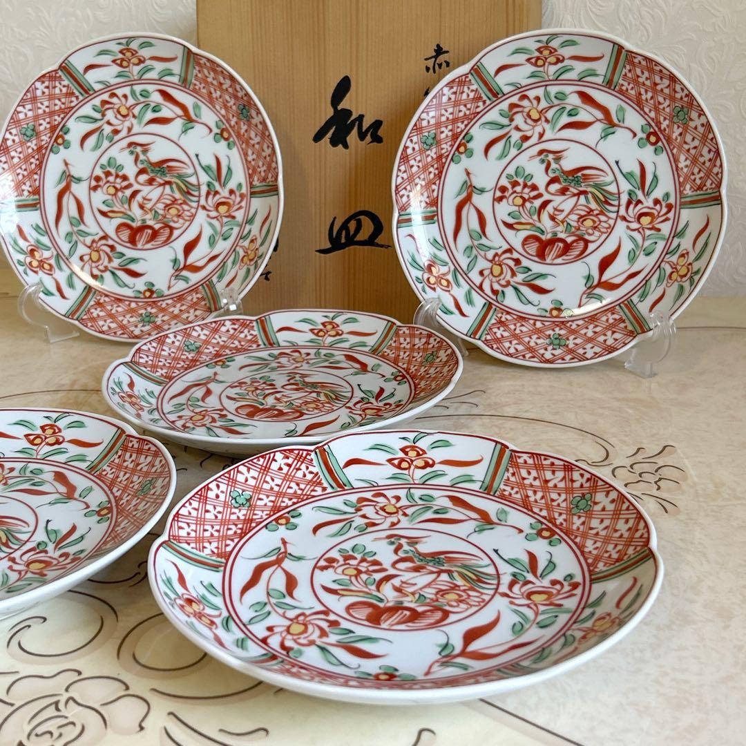 たち吉 赤絵花鳥 中皿 5枚セット 輪花皿 和食器 色絵 古伊万里 和皿
