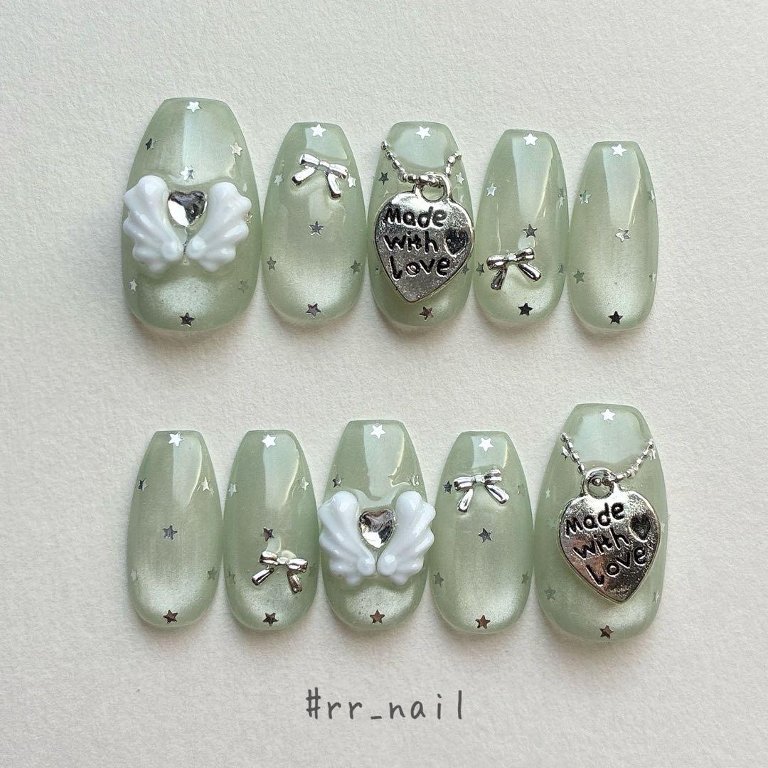 ネイルチップ 量産型 千鳥柄 フレンチ 黒 ちゅるん ハート スナ系