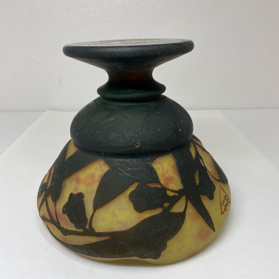 19世紀　ドームナンシー　異色ガラス溶込酸化腐食彫花瓶　東さ7-0130☆2F