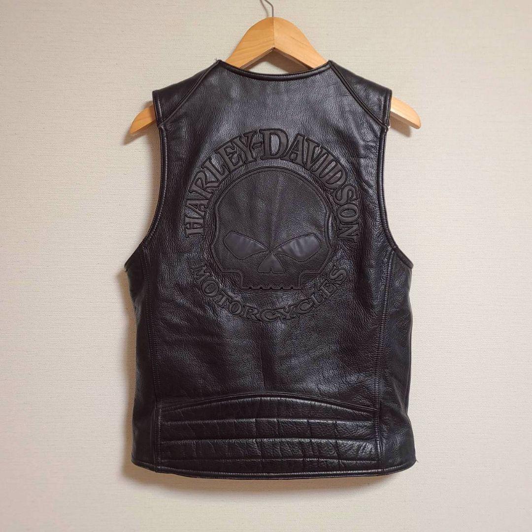 ハーレーダビッドソン レザー ベスト ノーカラー S 黒 本革 ロゴ スカル