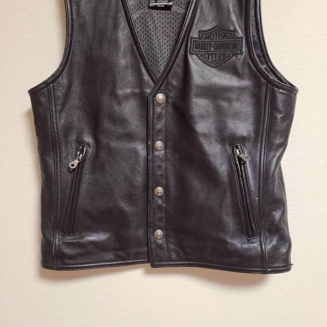 ハーレーダビッドソン レザー ベスト ノーカラー S 黒 本革 ロゴ スカル
