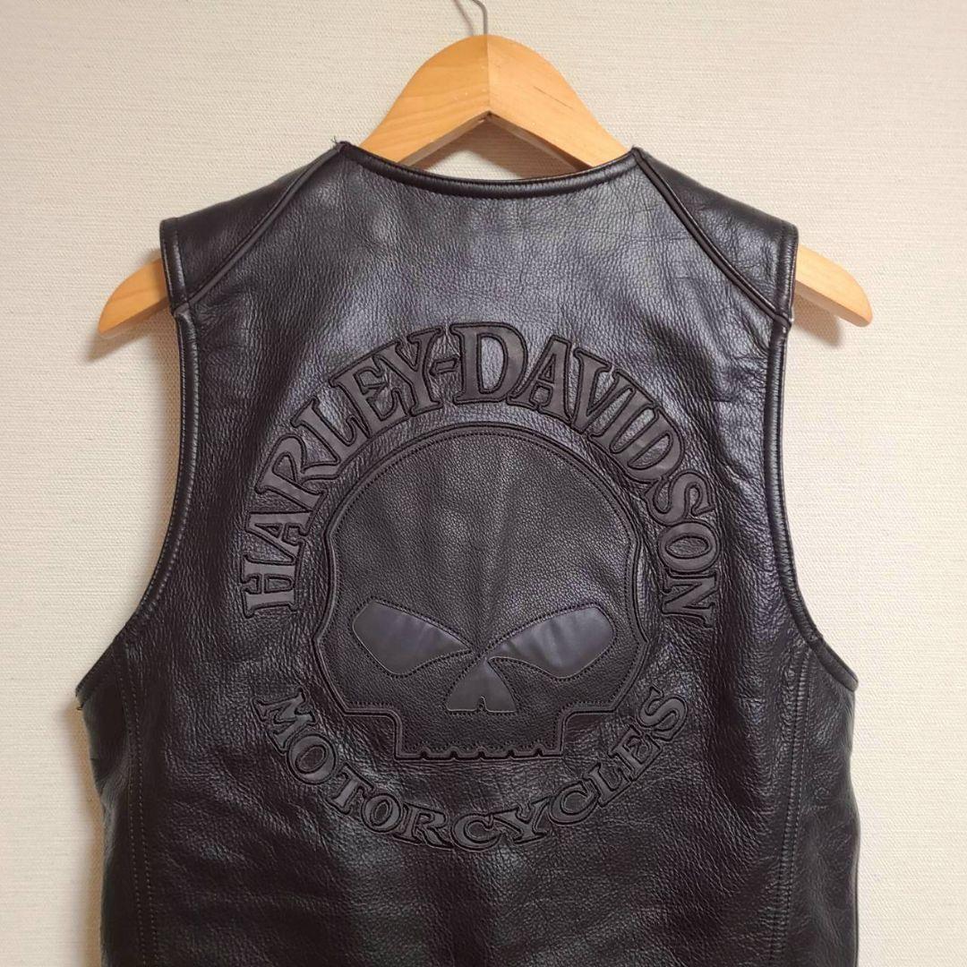 ハーレーダビッドソン レザー ベスト ノーカラー S 黒 本革 ロゴ スカル