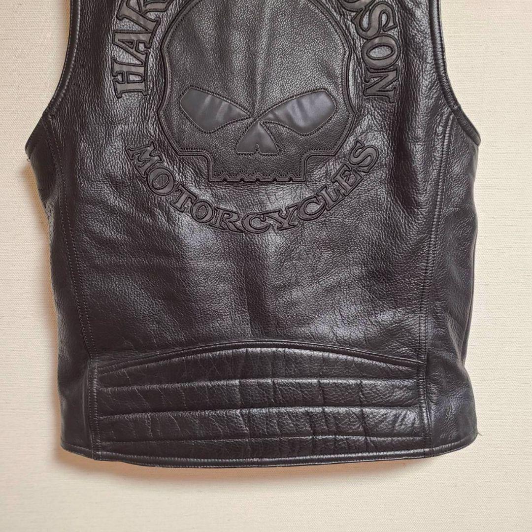 ハーレーダビッドソン レザー ベスト ノーカラー S 黒 本革 ロゴ スカル