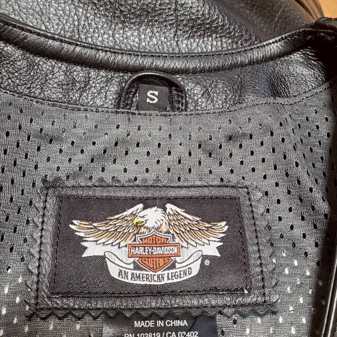 ハーレーダビッドソン レザー ベスト ノーカラー S 黒 本革 ロゴ スカル