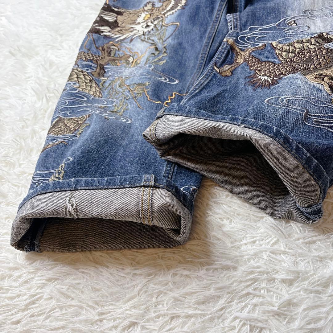 希少✨絡繰魂 粋 デニムパンツ W38 和柄 刺繍 龍 両面 豪華 パッチワーク