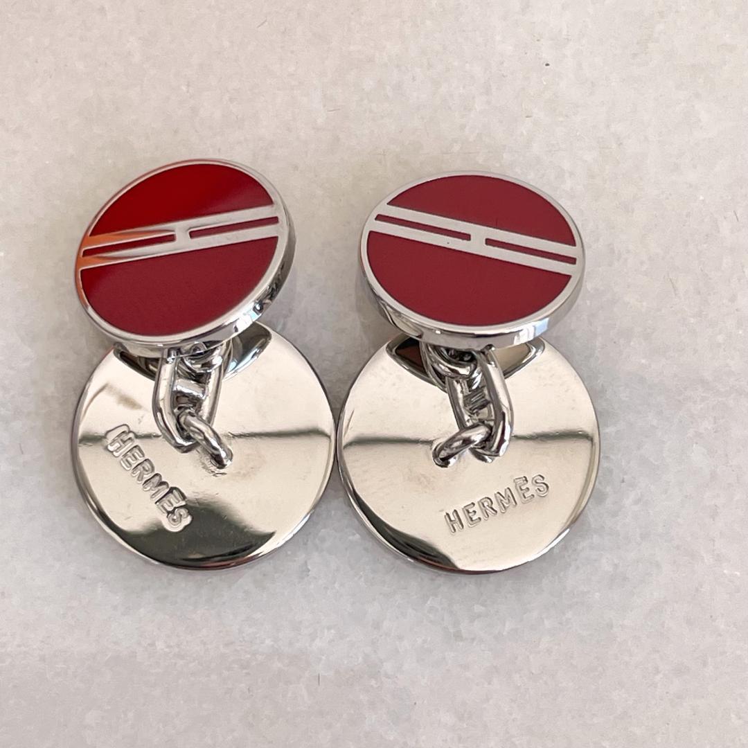 2530 極美品☆HERMES エルメス Hロゴ カフスボタン レッド×シルバー