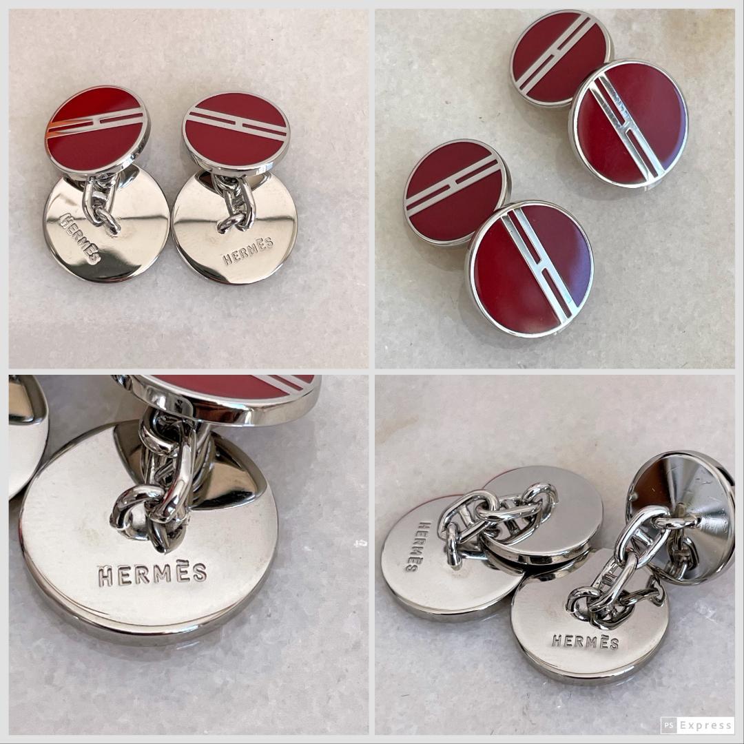 2530 極美品☆HERMES エルメス Hロゴ カフスボタン レッド×シルバー