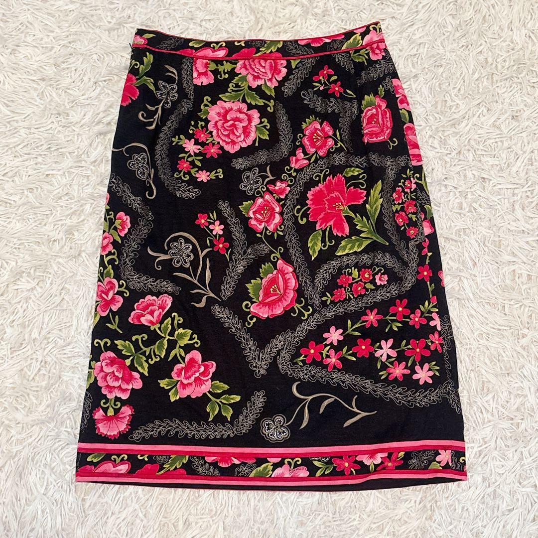 未使用級✨レオナール ウール シルク スカート トリム 花柄 黒 レディース
