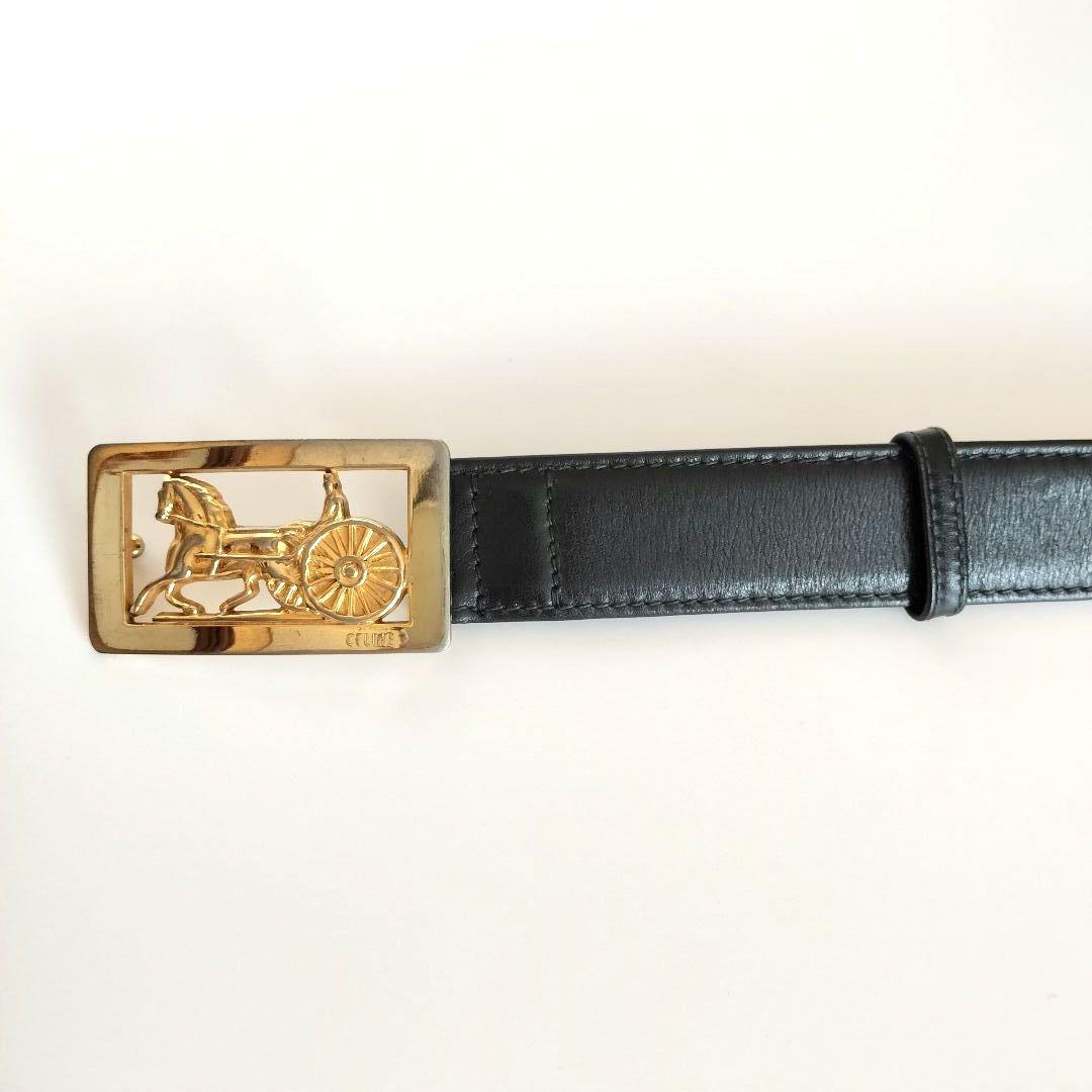 セリーヌ CELINE 馬車金具 ベルト レザー ブラック ゴールド バックル