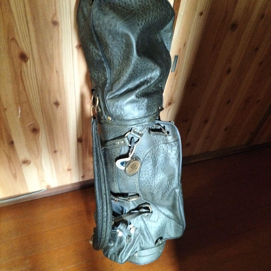 レザー製キャディバッグ ダークブラウン、クラブフルセット