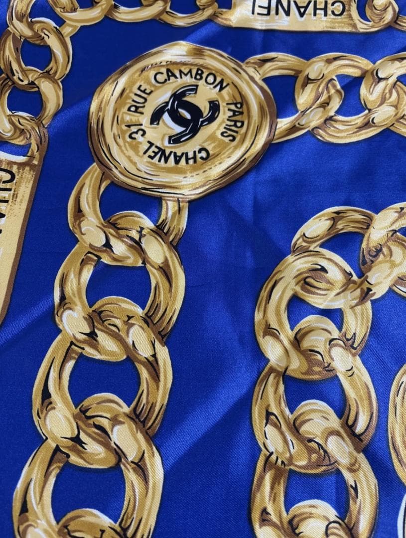 CHANEL シルク スカーフ 青 チェーンパターン
