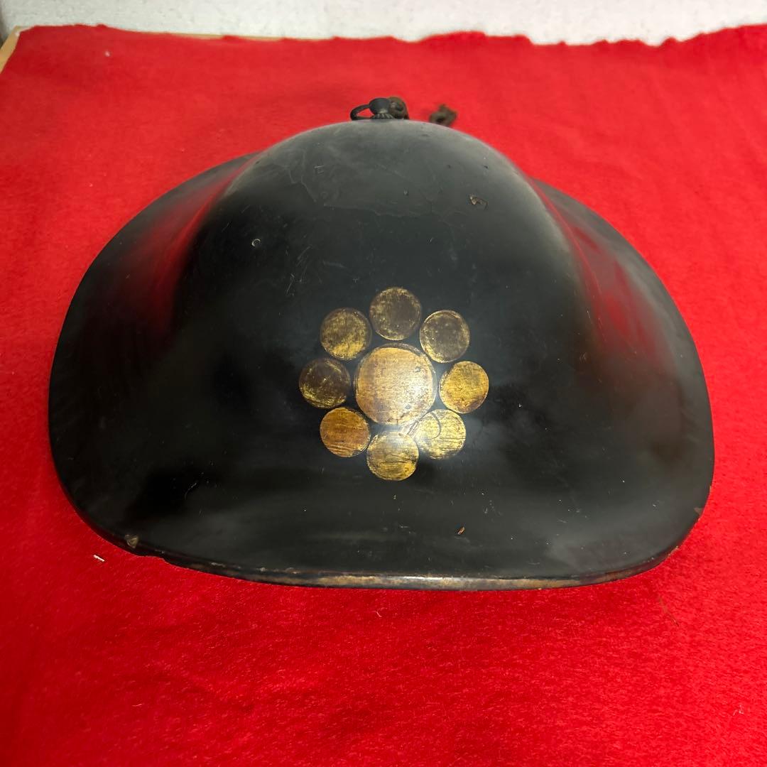 九曜紋　平陣笠 家紋入 黒漆塗 骨董 アンティーク/甲冑/鎧兜/足軽/武具
